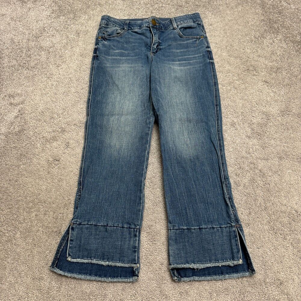 Democracy Ab Technology Crop Flare Denim Jeans Women 8 Blue Raw Step Hem Stretch